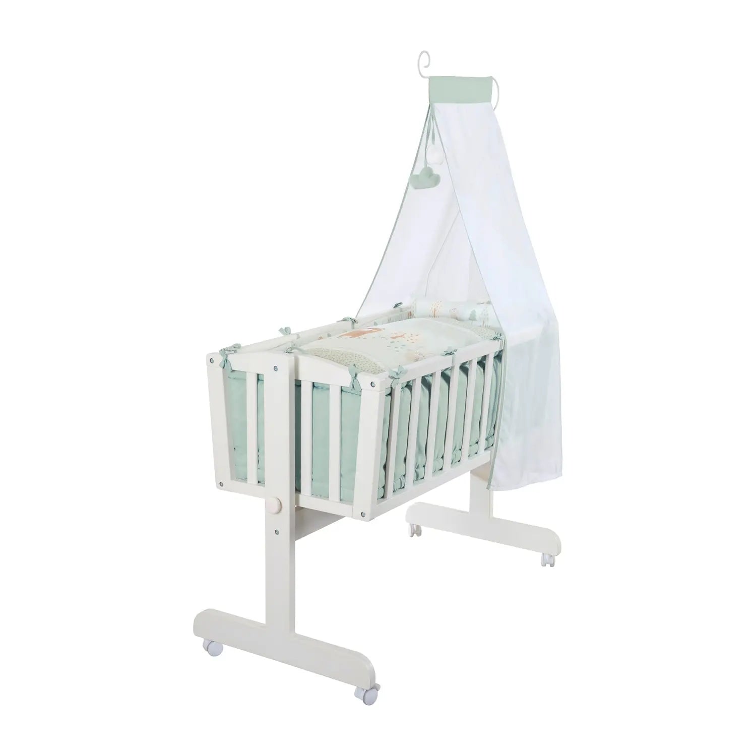 B-Ware Roba Babywiege Stubenbett Woodland Buddies Komplettset Weiß Pastellgrün 40x90 Cm