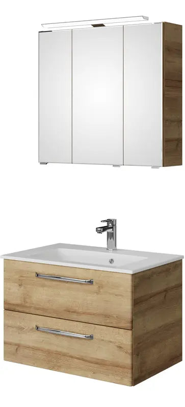 B-Ware Saphir Badmöbel Set Waschtisch Unterschrank Spiegelschrank Led Riviera Eiche