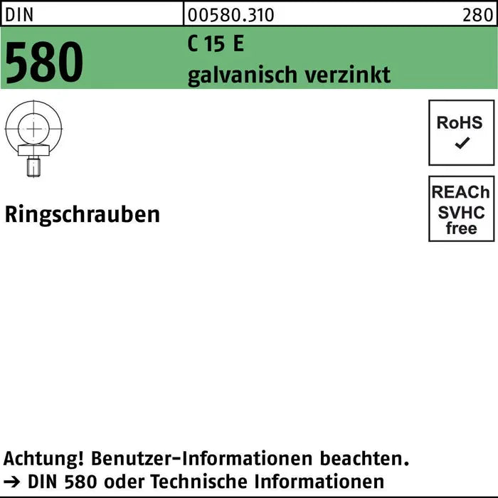 B-Ware Reyher Ringschraube Ringbolzen Din 580 M 10 C 15 E Galvanisch Verzinkt 25 Stück