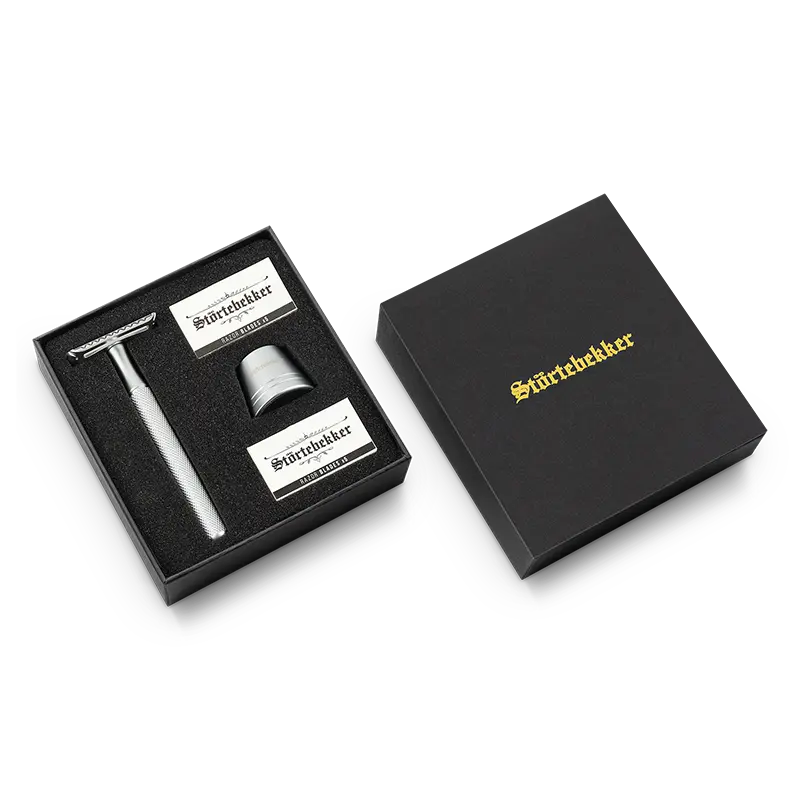 B-Ware Störtebekker Rasierhobel Set Rasierer 10 Bartklingen Ständer Oslo Silber Guide