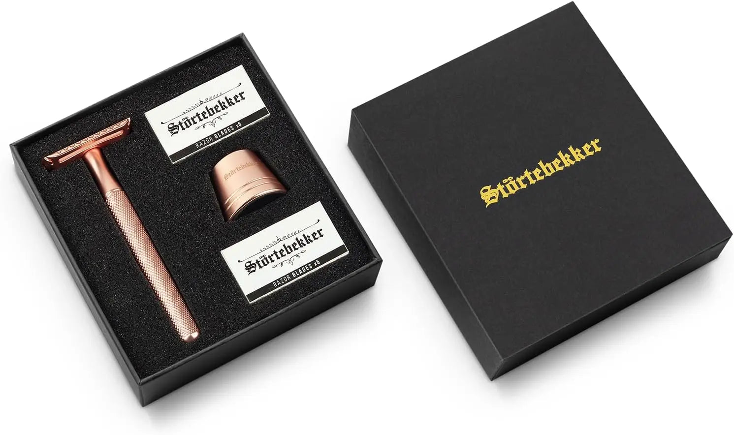 B-Ware Störtebekker Rasierhobel Set Rasierer Oslo 10 Klingen Ständer Rose Gold Guide