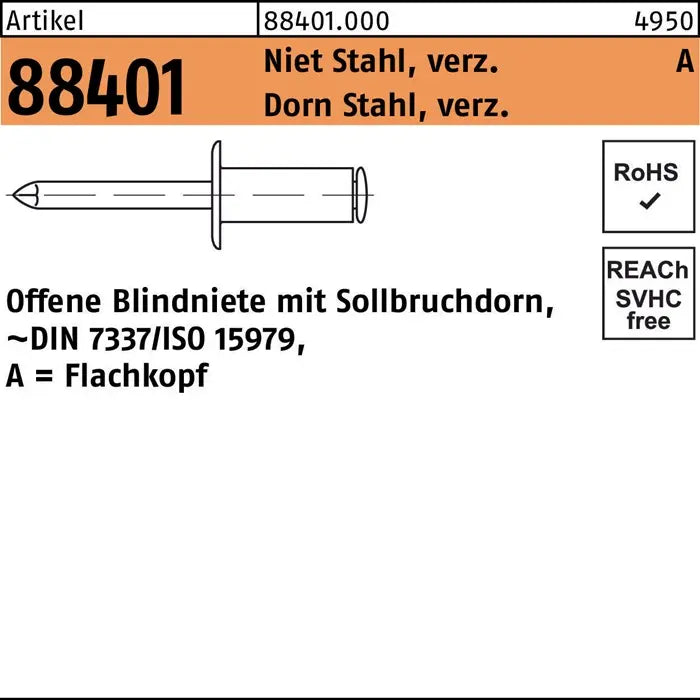 B-Ware Reyher Blindniete Niet Flachkopf 6x12 Stahl Verzinkt Dorn Stahl Verzinkt 500 Stk