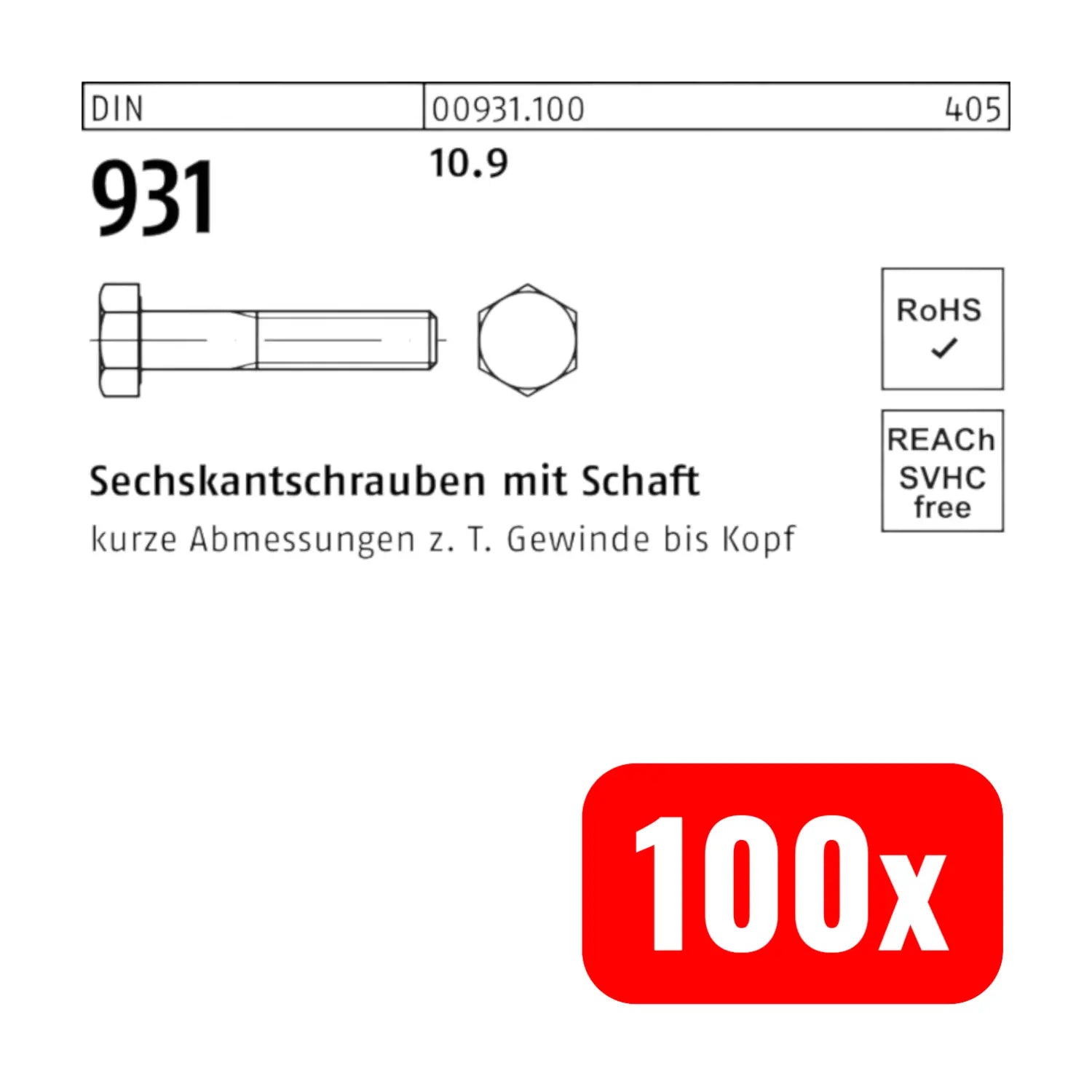 B-Ware Cab Fastening Sechskantschraube Schaft M 10 X 110 Din 931 Blank 100 Stück