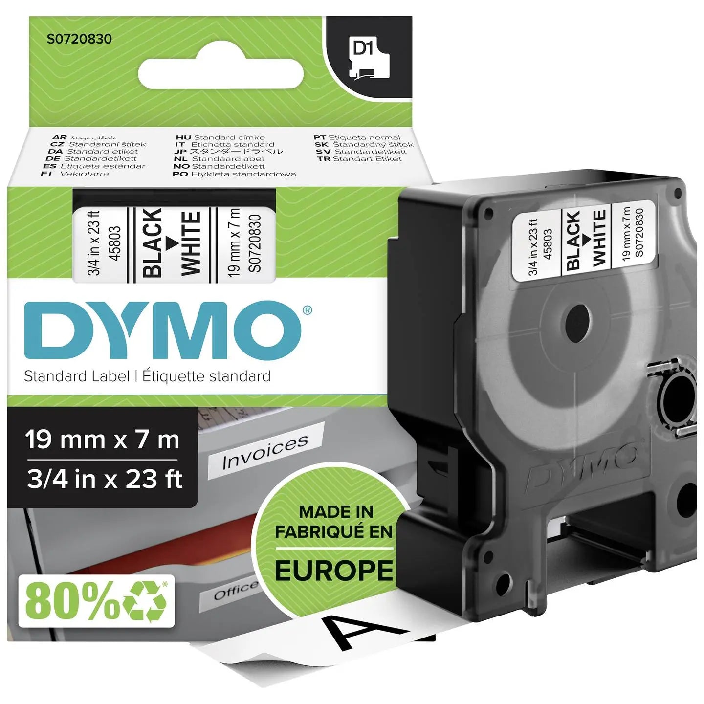 B-Ware Dymo Band Schriftband Polyester Etikettenband D1 Standard Weiß Schwarz 19 Mm 7 M