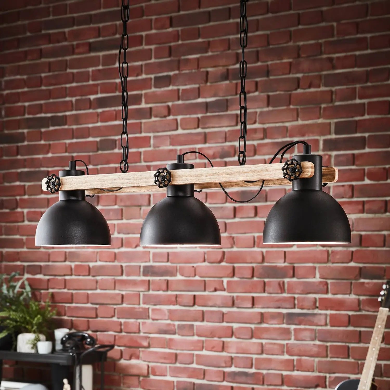 B-Ware Eglo Hängelampe Lubenham Pendelleuchte Lampe Schwarz Holz Hell Länge 90 Cm 3 Flg