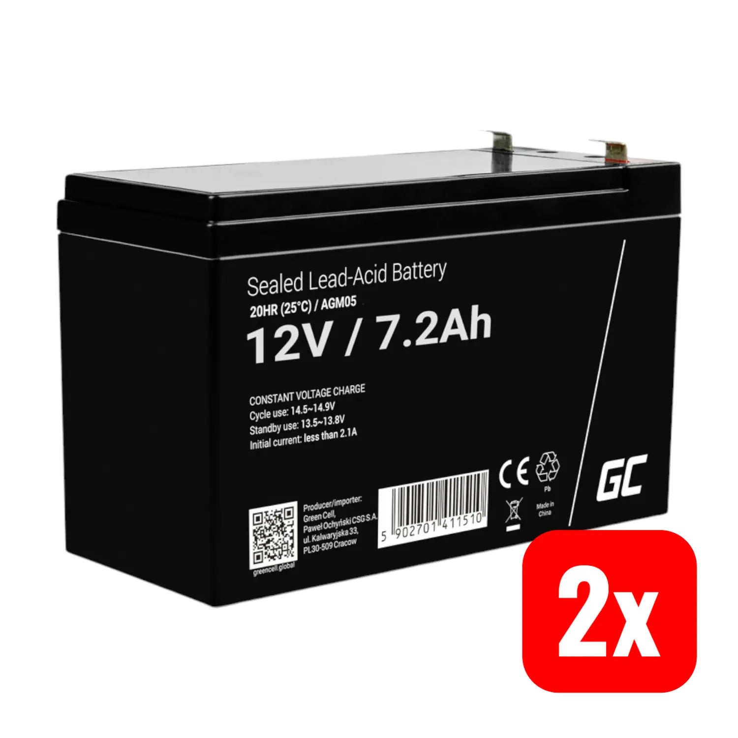 B-Ware Green Cell Bleiakku Batterie 12 V 7,2 Ah Blei Gel 151x95x65mm Flachstecker 2 Stück