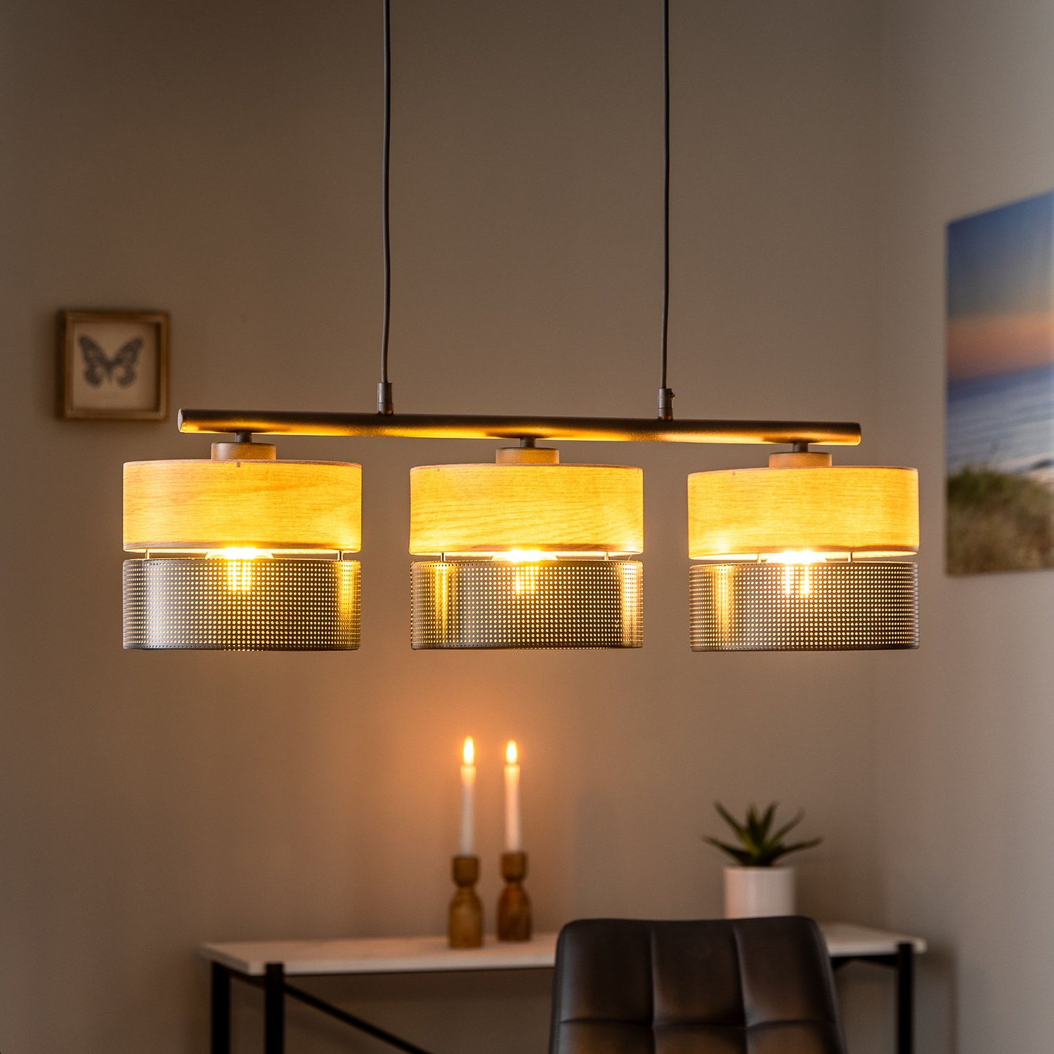 B-Ware Tk Lighting Hängelampe Nicol Leuchte Schwarz/Holzoptik 70x20 Cm 3 Flg Siehe Text