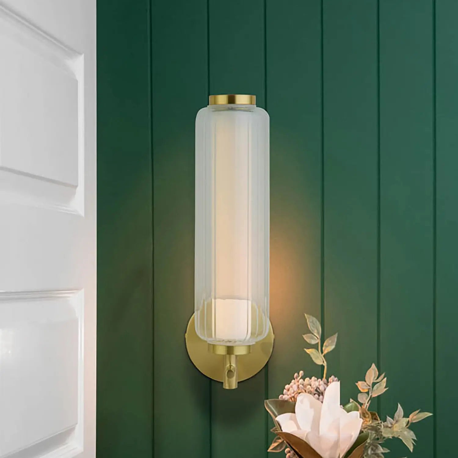 B-Ware Searchlight Wandleuchte Wandlampe Led Glaslampe Messingfarben Dimmbar Stahl Glas