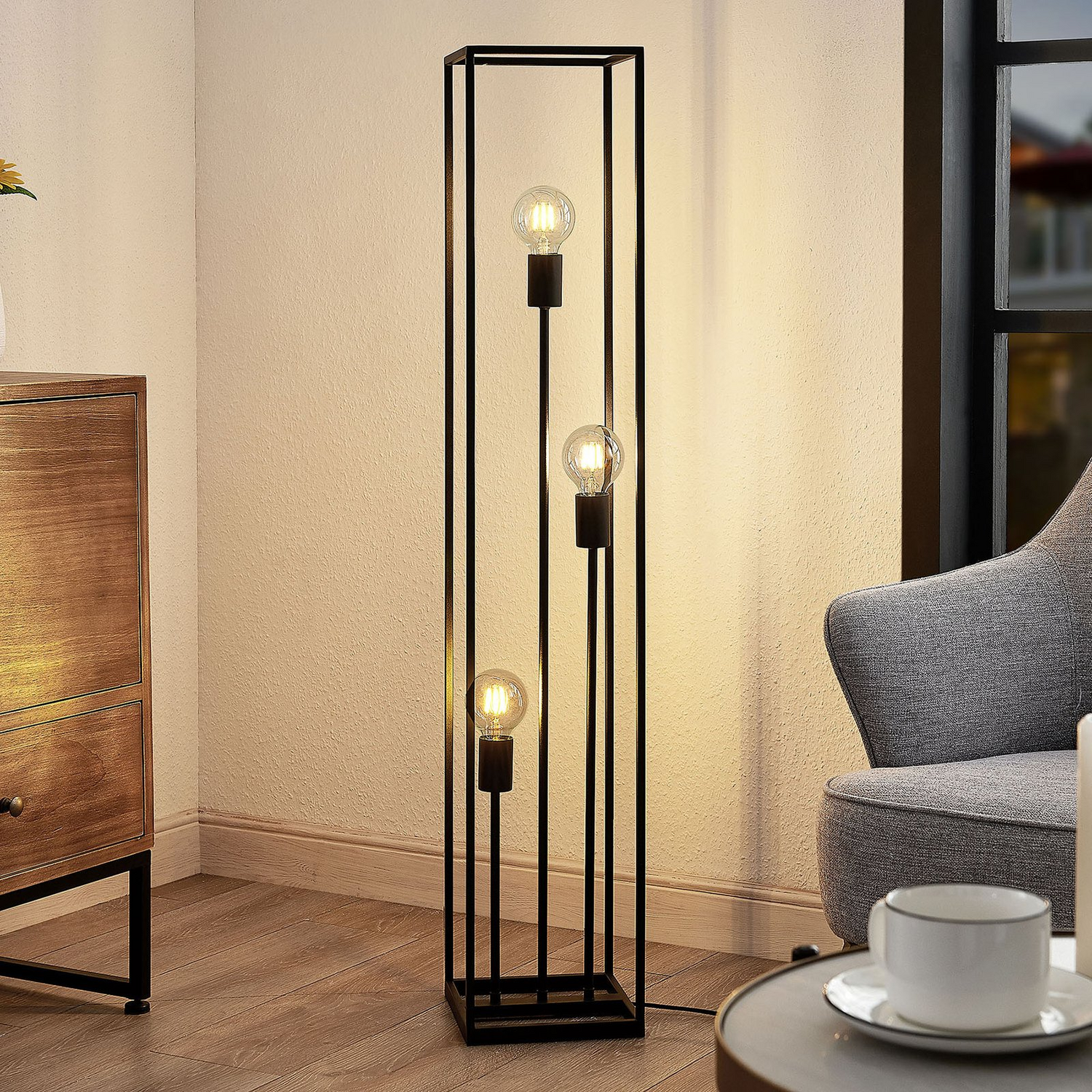 B-Ware Lindby Krisha Stehlampe Stehleuchte Standlampe Leuchte Schwarz Stahl 3 Flammig