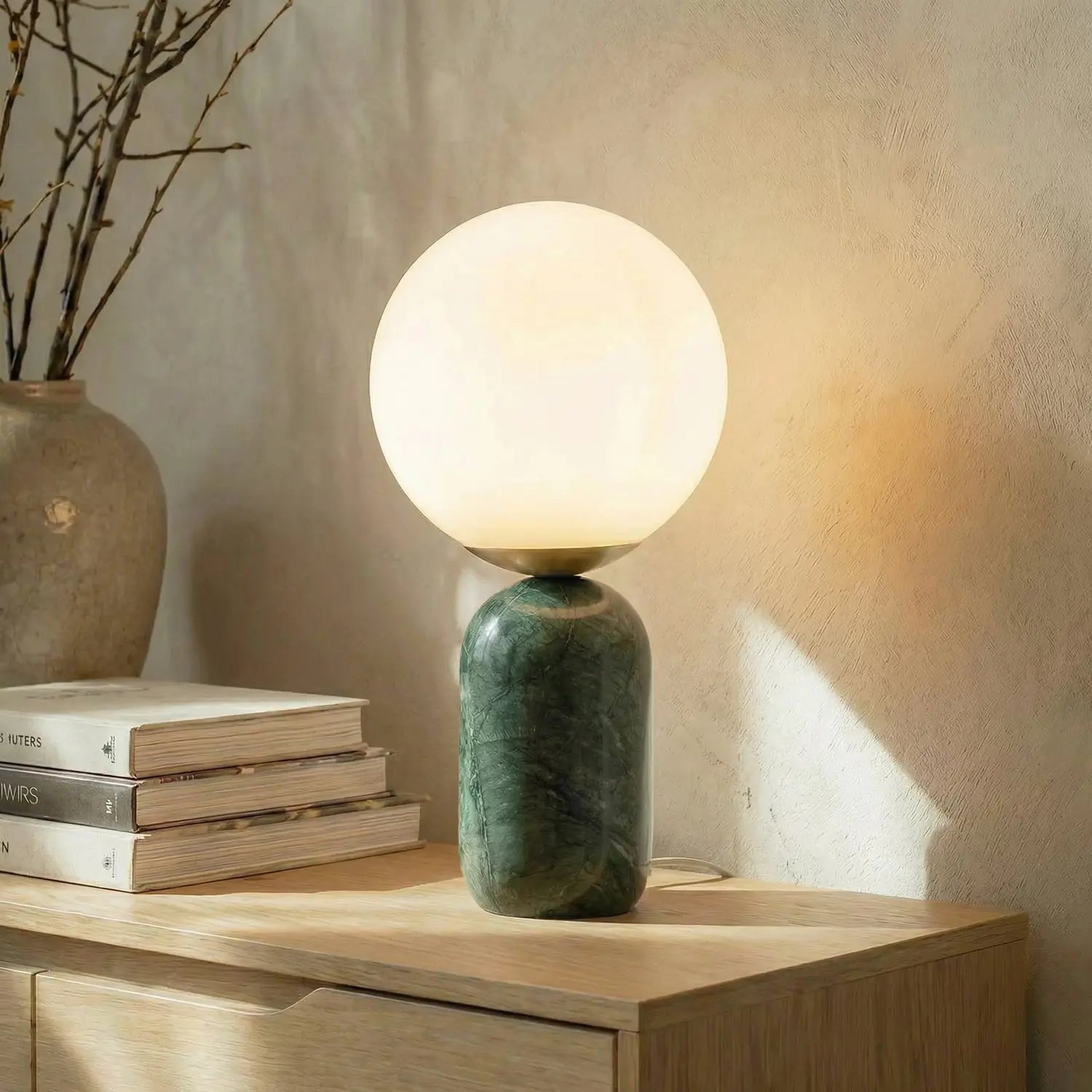 B-Ware Lindby Tischlampe Tischleuchte Lennes Marmor Glas Grün Weiß Schalter ø20cm
