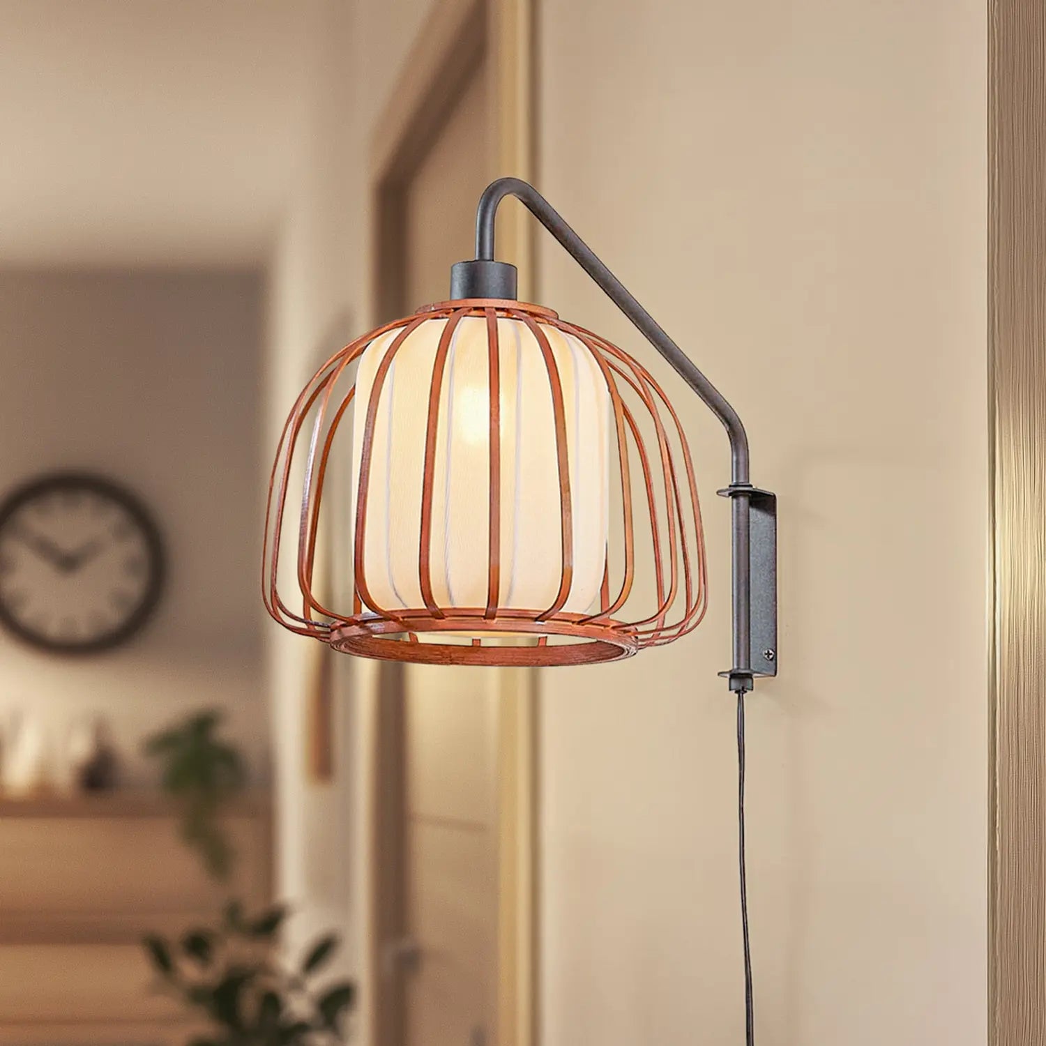 B-Ware Lindby Wandleuchte Wandlampe Davella Bambus Textil Schwarz Holz E14 Led ø 26 Cm