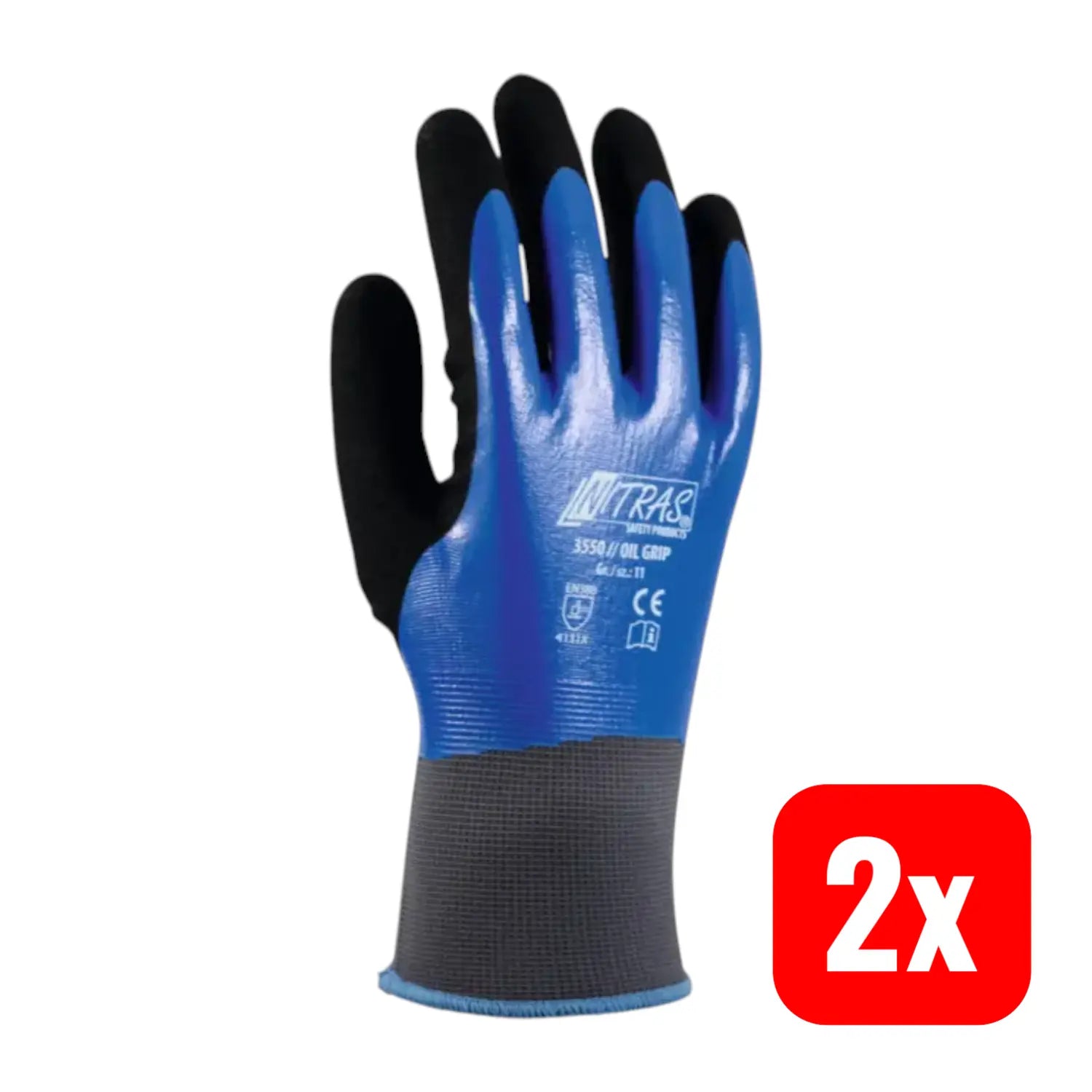 B-Ware Nitras Mehrzweck Arbeitshandschuh Oil Grip Schwarz Blau Größe 10 Nylon 2 Paar