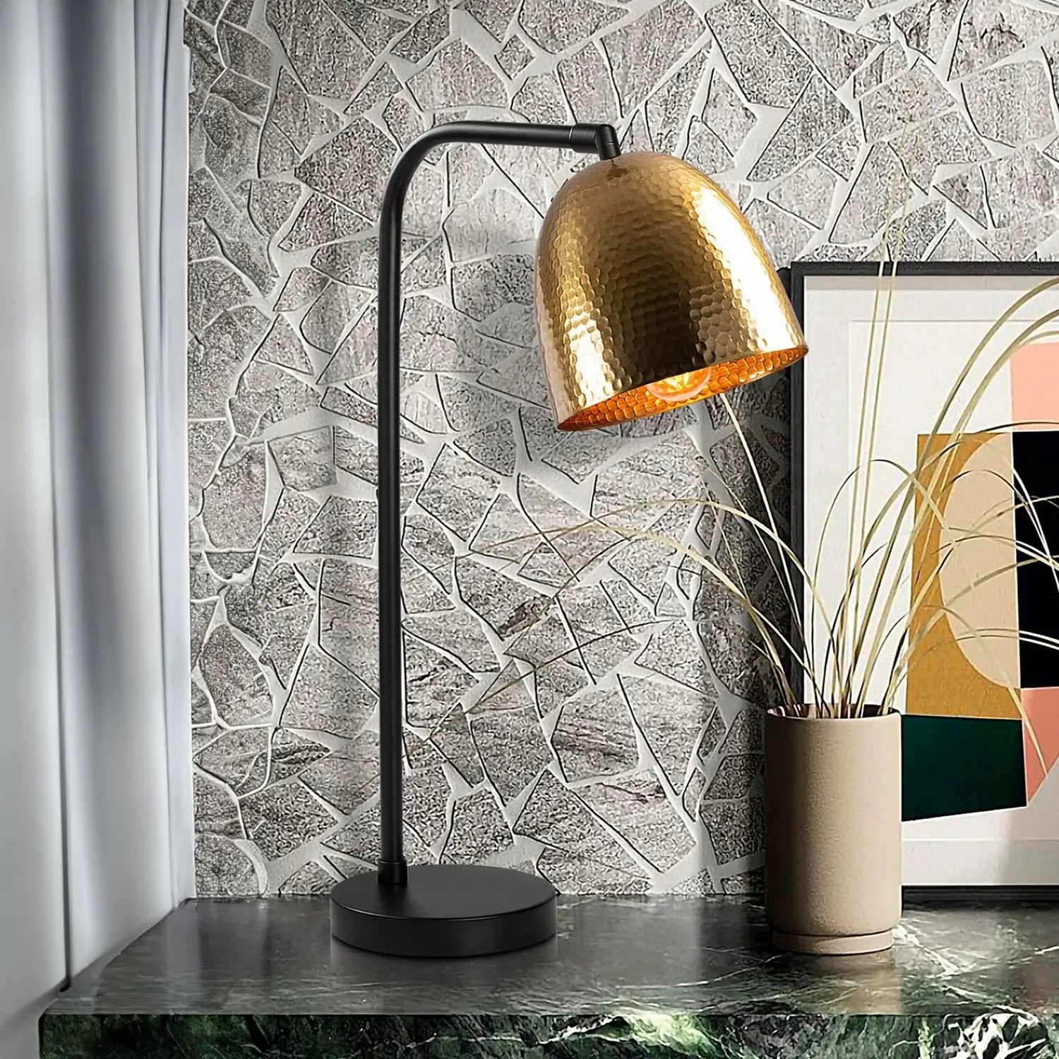 B-Ware Opviq Tischleuchte Lampe Tattoo 5031 Gold Patiniert Metall Schwarz 52 Cm E27