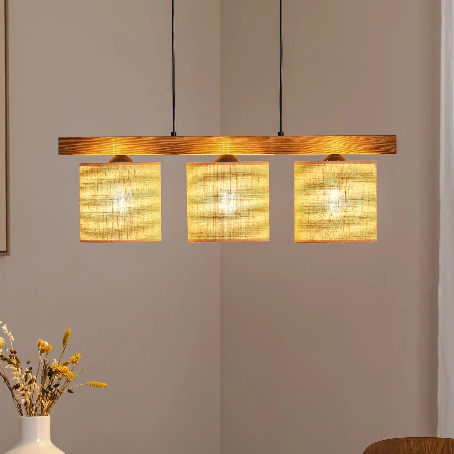 B-Ware Pendellampe Hängelampe Forest Holz Hellbraun Jute Natur 3 Flammig E27 Led Lampe