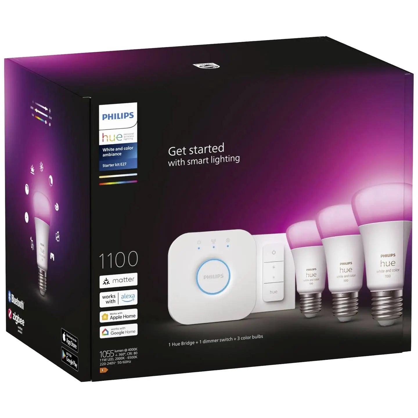 B-Ware Philips Hue Led 3er E27 Lampe Starterset Weiß Color Bridge Dimmschalter Set