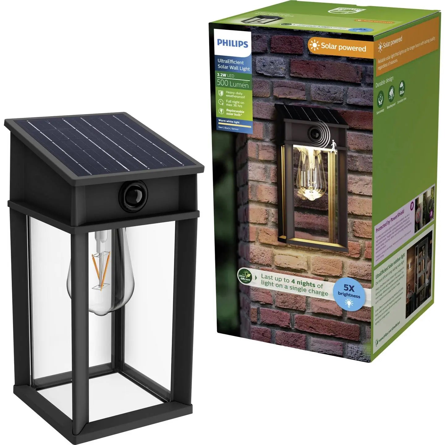 B-Ware Philips Led Geri Solar Außenwandleuchte Lampe Bewegungsmelder Led 3.2 W Schwarz