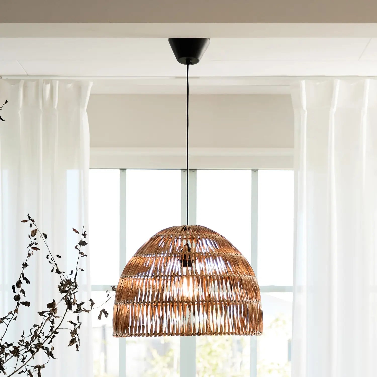 B-Ware Pr Home Hängeleuchte Pendelleuchte Rattan Lace Holz Schwarz Schirm Innenbereich