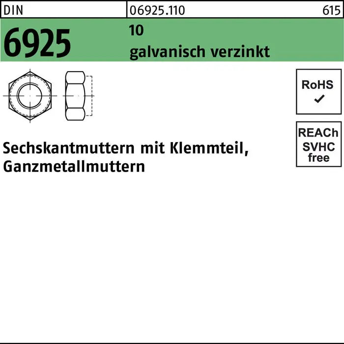 B-Ware Reyher Sechskantmutter Mutter Selbstsichernd Stahl M12 X 1,75 Verzinkt 100 Stück