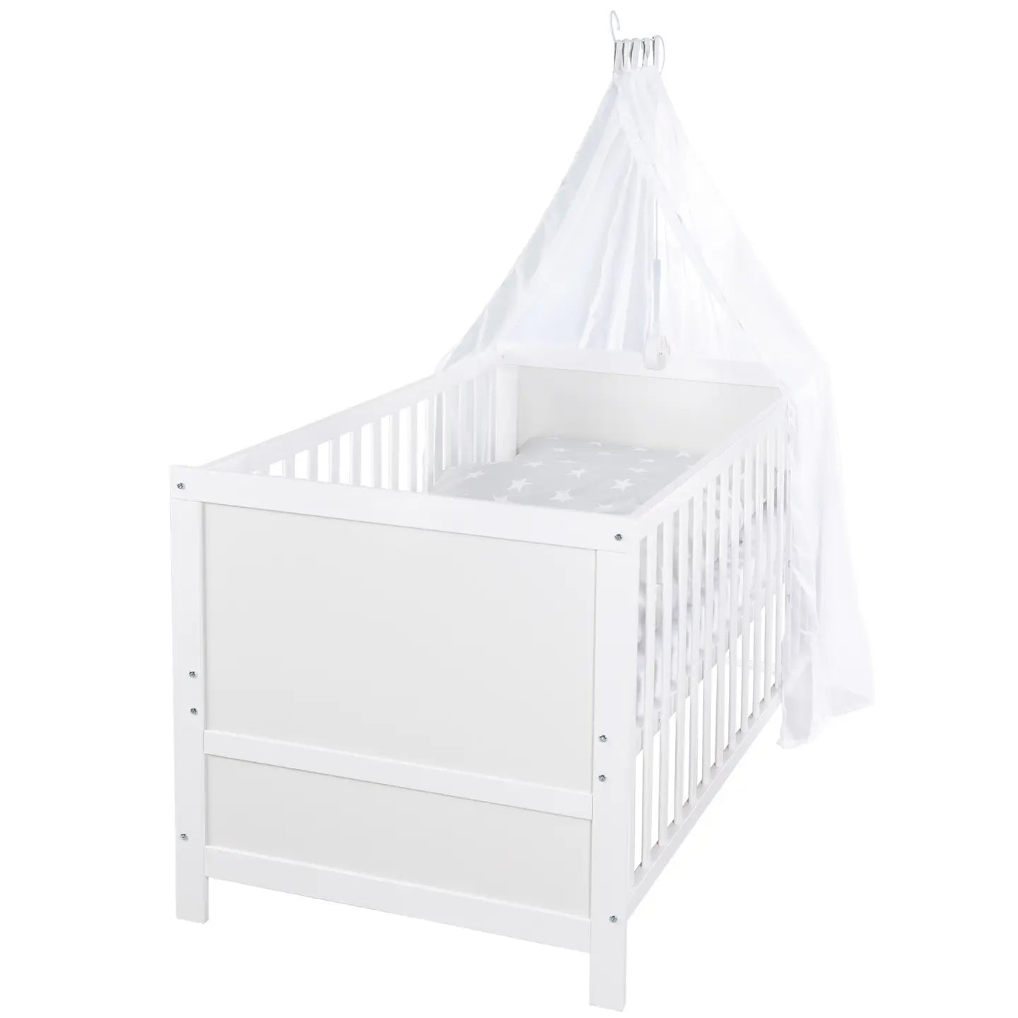 B-Ware Roba Komplettbettset Kinderbett Babybett Sterne Weiß Grau Matratze Kissen Himmel