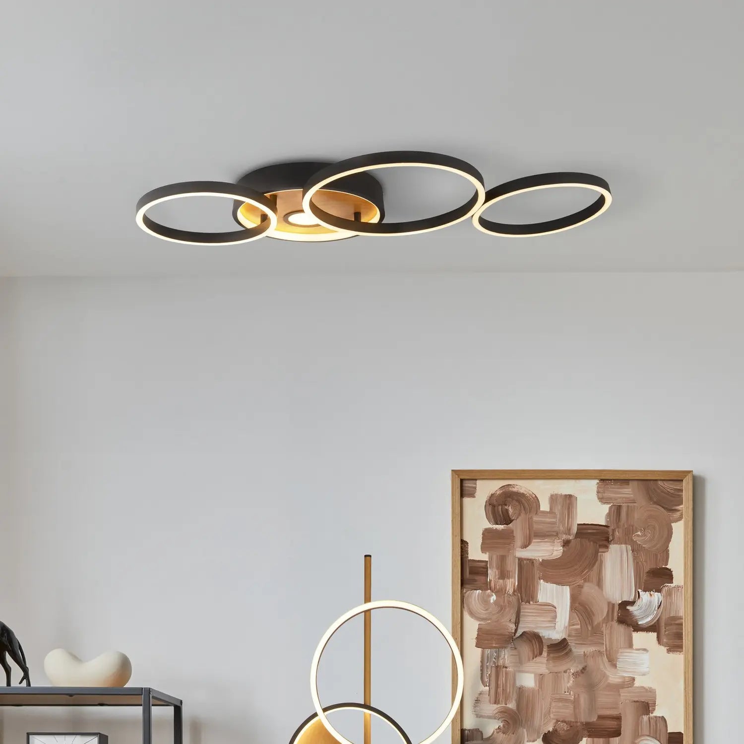B-Ware Searchlight Led Deckenleuchte Leuchte Lampe Holzoptik Schwarz Silikon Stahl 89cm