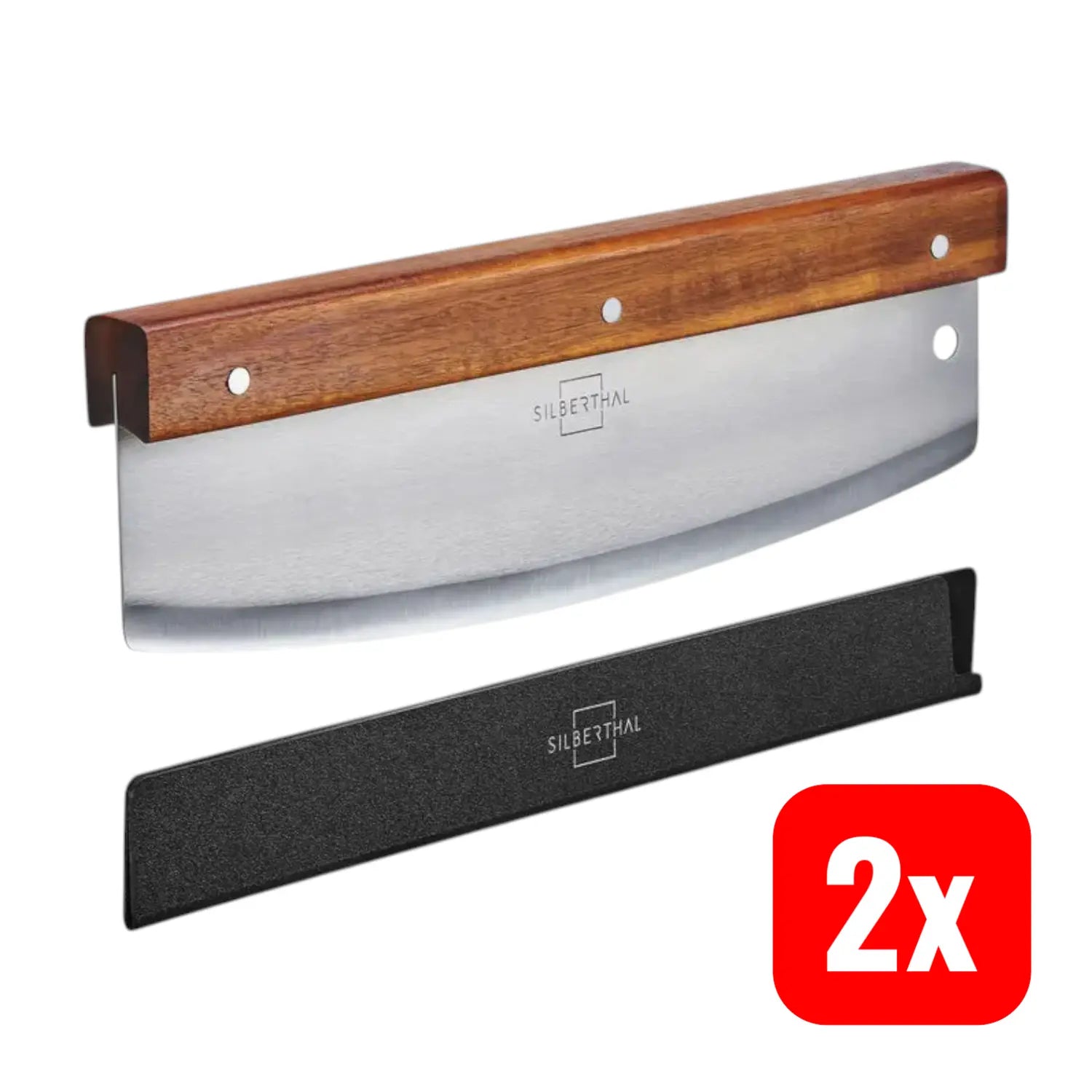 B-Ware Silberthal Pizza Wiegemesser Schneider Edelstahl 32cm Akazienholz Griff 2 Stück