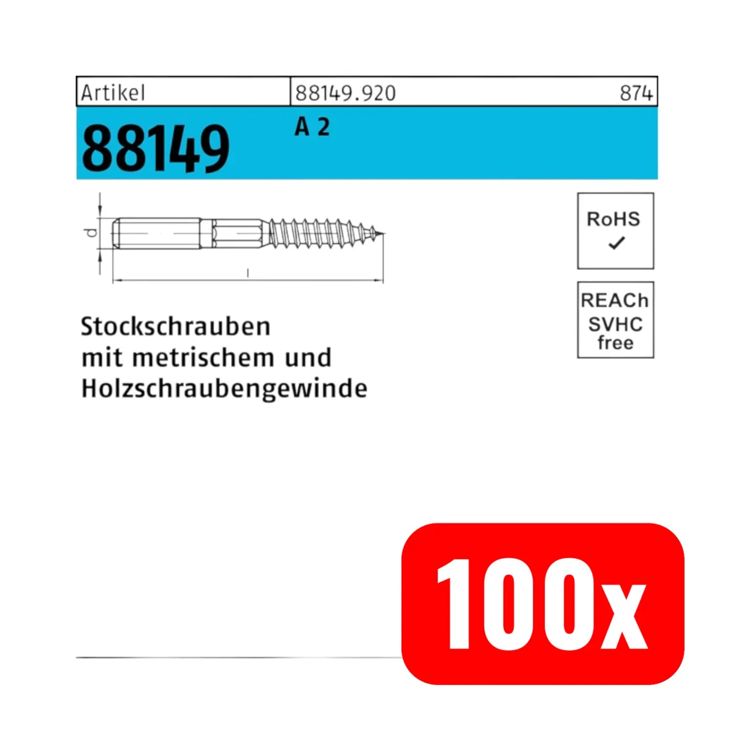 B-Ware Stockschraube Schraube Gewinde Edelstahl A2 Blank 10 Mm 100 Mm 100 Stück