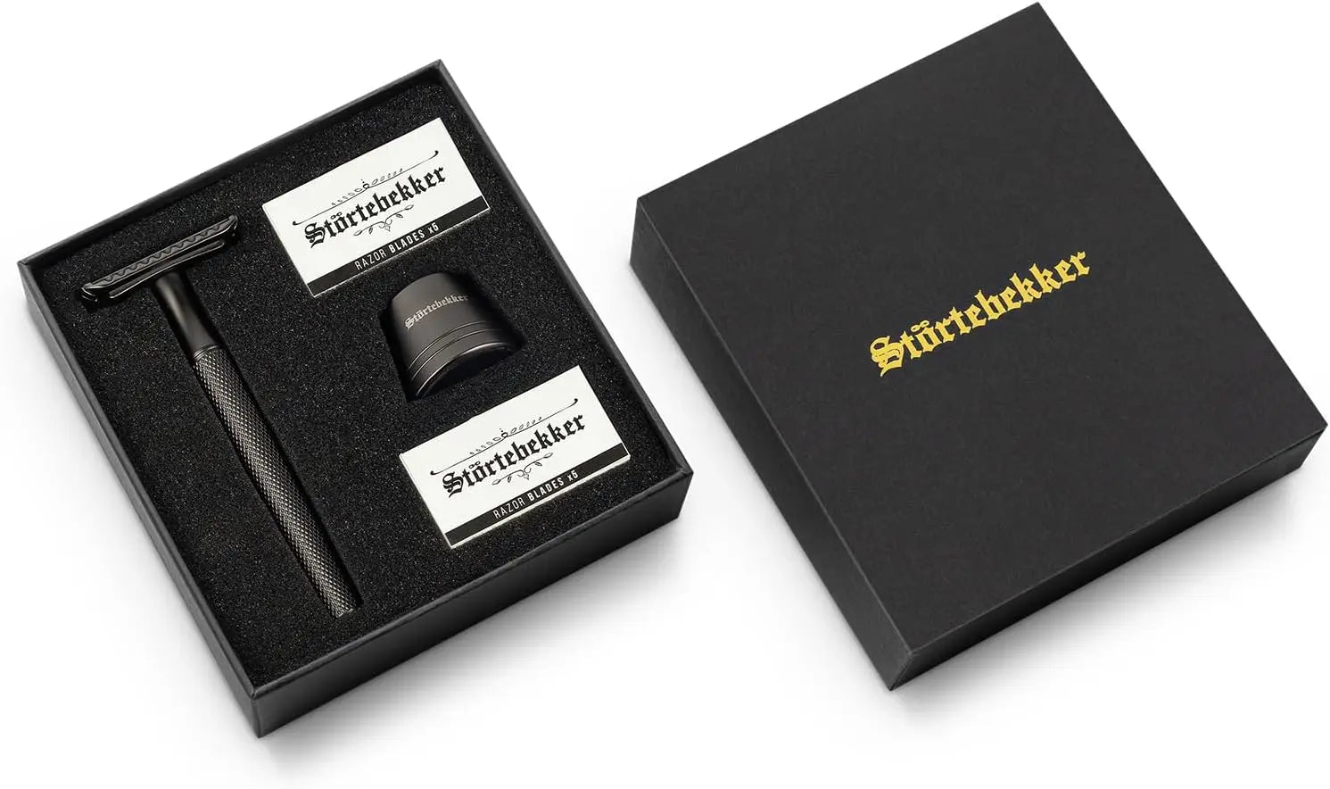 B-Ware Störtebekker Rasierhobel Set Rasierer 10 Klingen Ständer Schwarz Klassisch O660