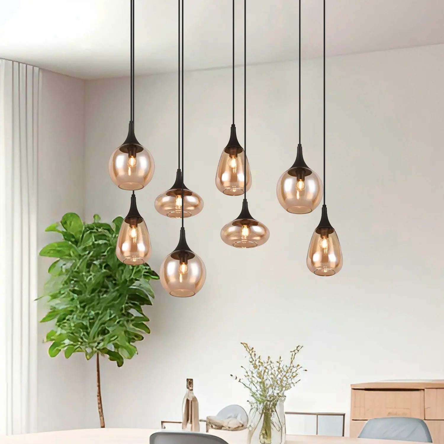 B-Ware Trio Lighting Hängeleuchte Pendelleuchte Lampe Lumina Glas Schwarz Amber Metall