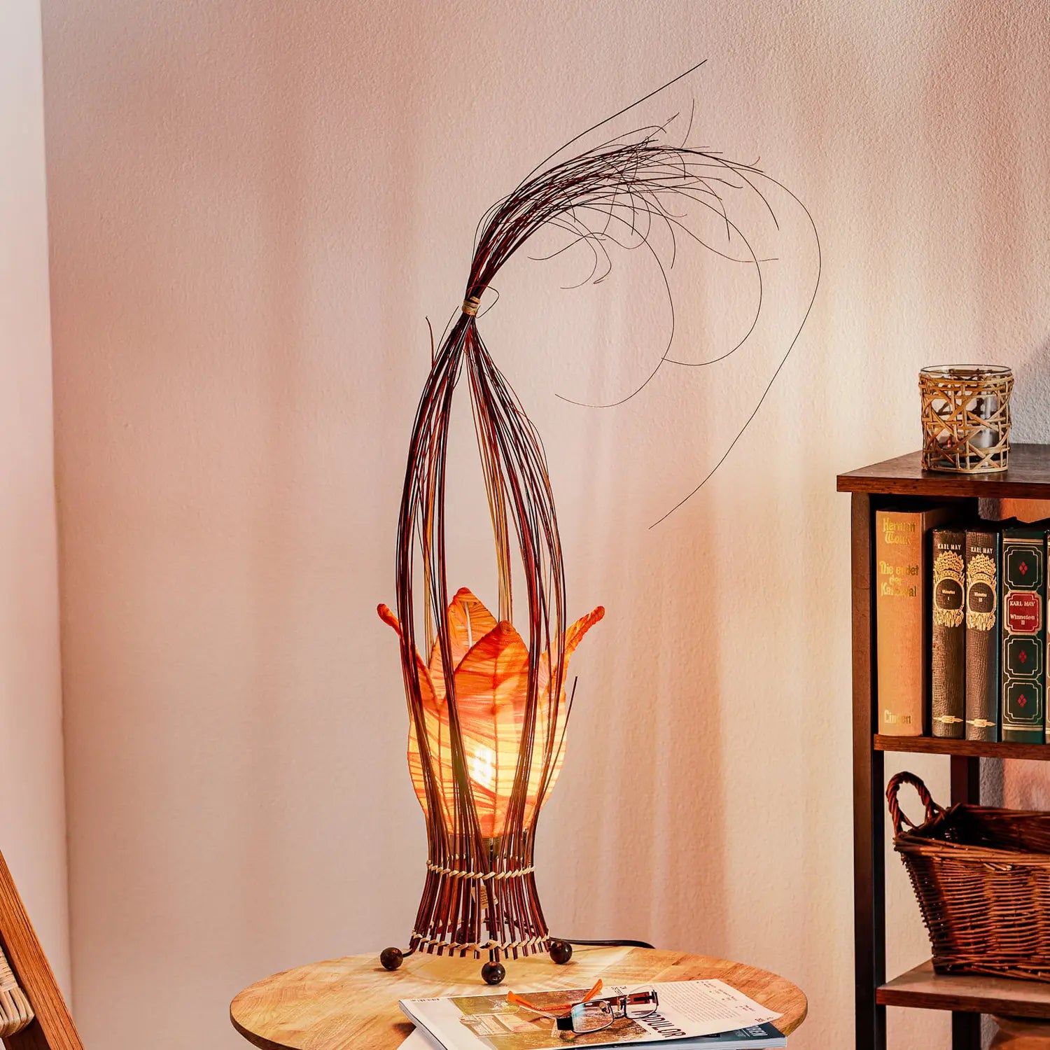 B-Ware Woru Tischleuchte Lampe Elena Stoffschirm Orange Holz Textil Schalter Unikat